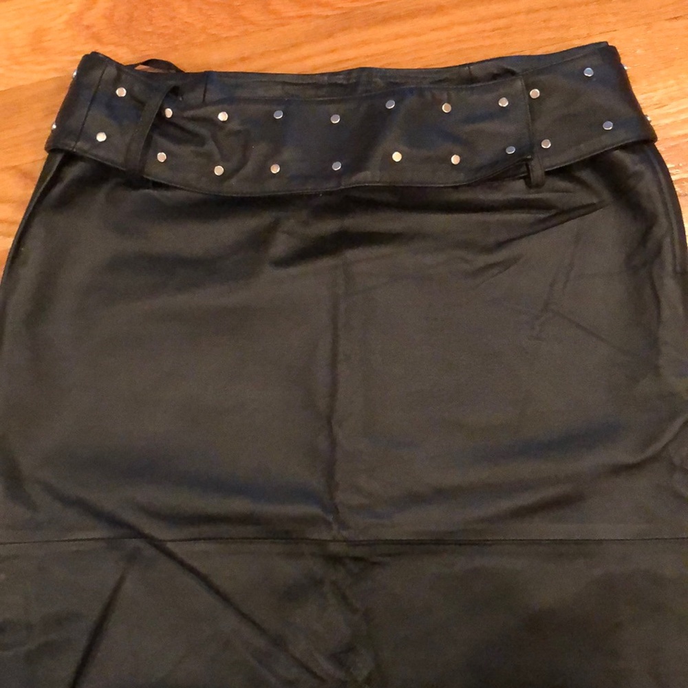 Black leather skirt with silver studded belt